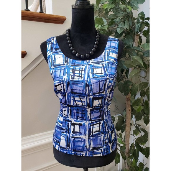 Tahari Women's Blue & White Polyester Round Neck Sleeveless Top Blouse Size 6 - Picture 1 of 12